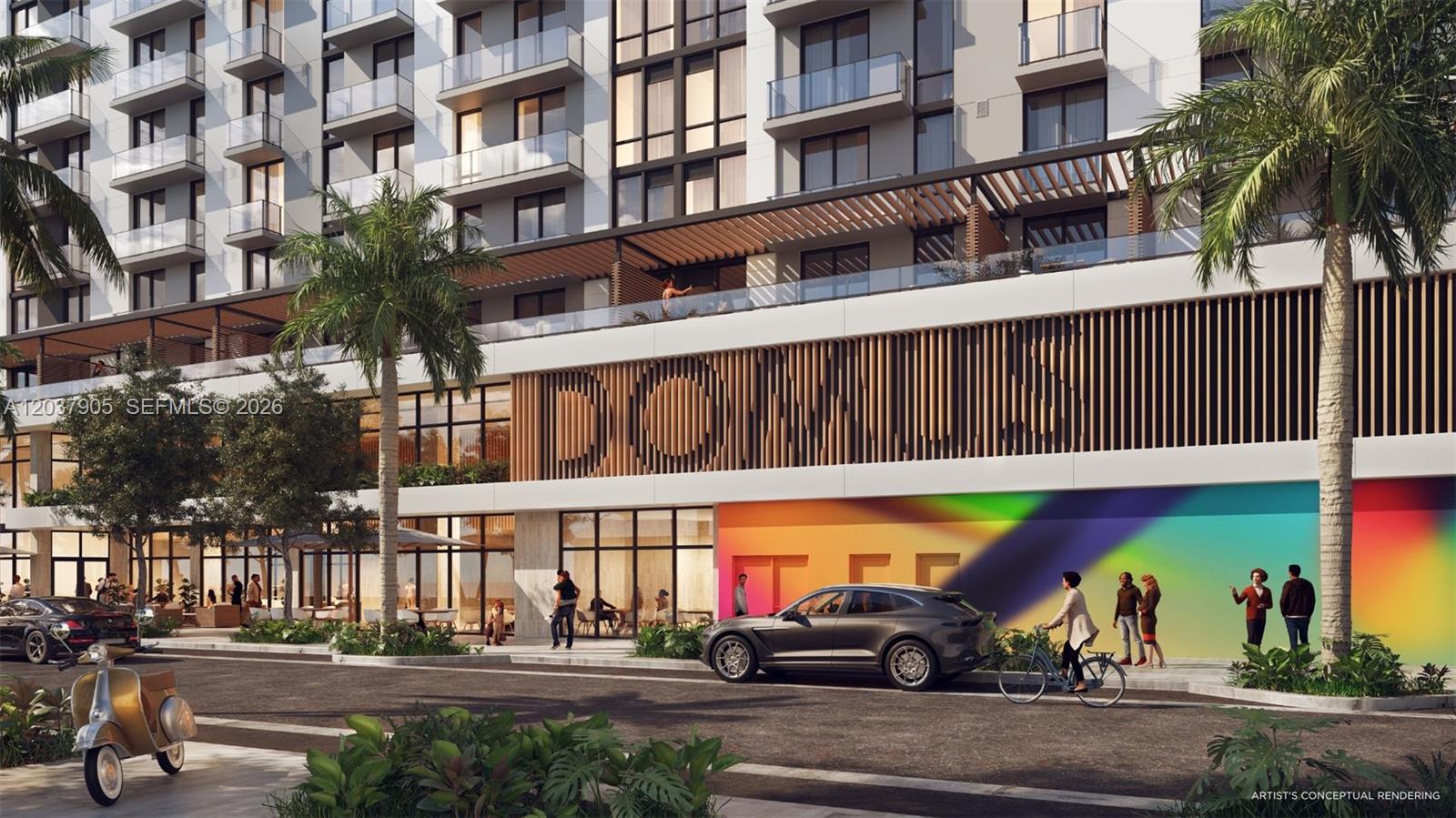 This is an artist's conceptual rendering of a modern apartment building exterior with a rainbow mural — 1611 SW 2nd Ave # 1005, Miami FL 33129, MIAMI, FL