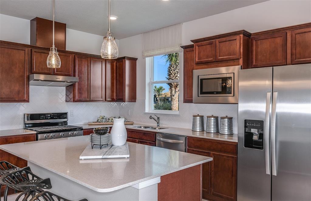 A kitchen features dark wood cabinets, stainless steel appliances, a quartz island, and a window — 14761 SUNLIT CIRCLE, PARRISH, FL