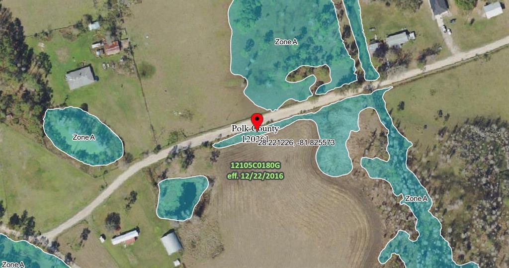This is a satellite map showing flood zones in a rural area of Polk County — POLK CITY, POLK CITY, FL