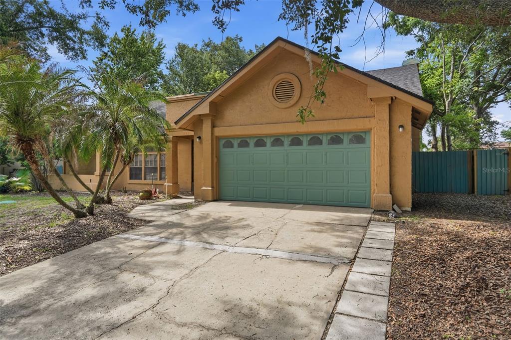 A single-story house with a tan stucco exterior, a green garage door, and a concrete driveway — 733 SWAYING PALM DRIVE, APOPKA, FL