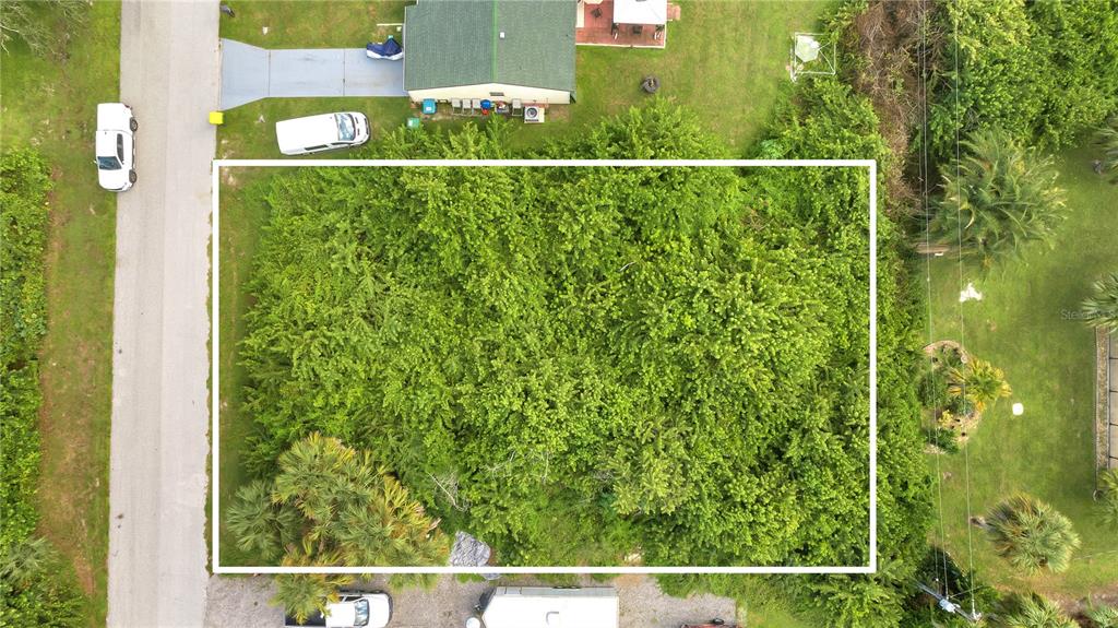 An aerial view shows a rectangular, tree-covered vacant lot bordered by a road and houses — 4469 BRINTNALL STREET, PORT CHARLOTTE, FL