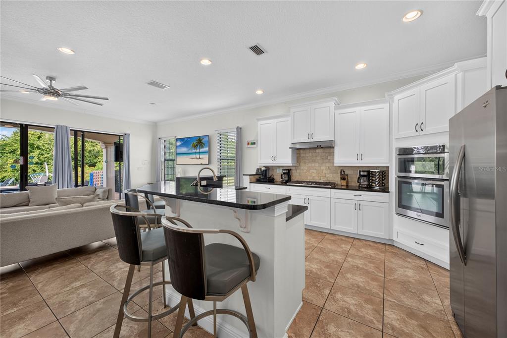 A kitchen features white cabinets, granite countertops, a breakfast bar, and stainless steel appliances — 824 DESERT MOUNTAIN COURT, KISSIMMEE, FL