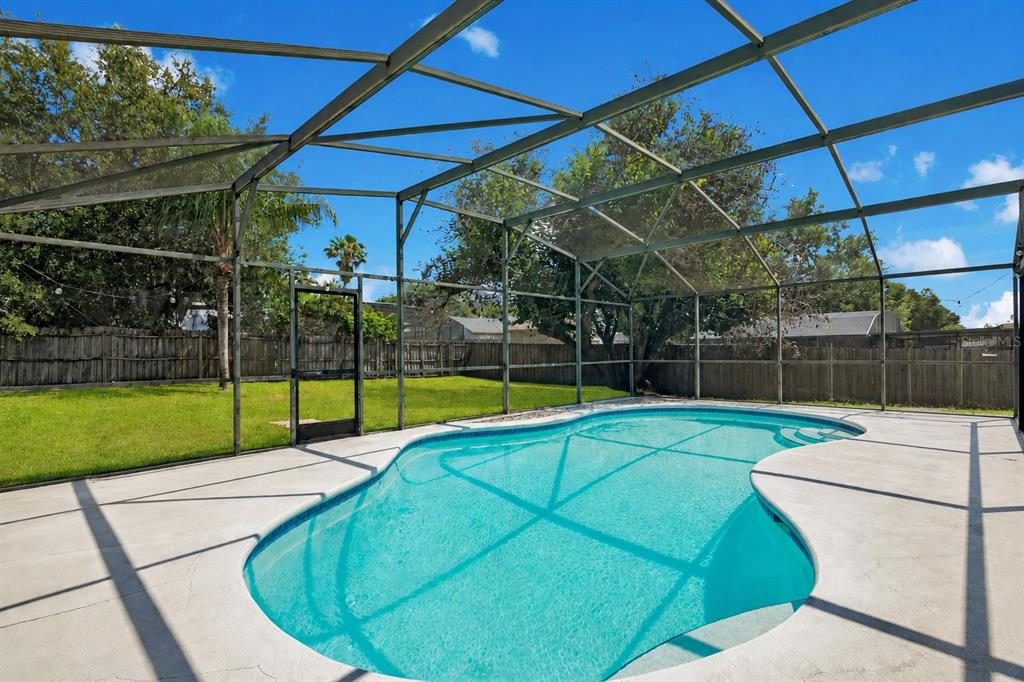 A screened-in swimming pool with a concrete deck and a fenced backyard — 10652 CRESCENDO LOOP, CLERMONT, FL