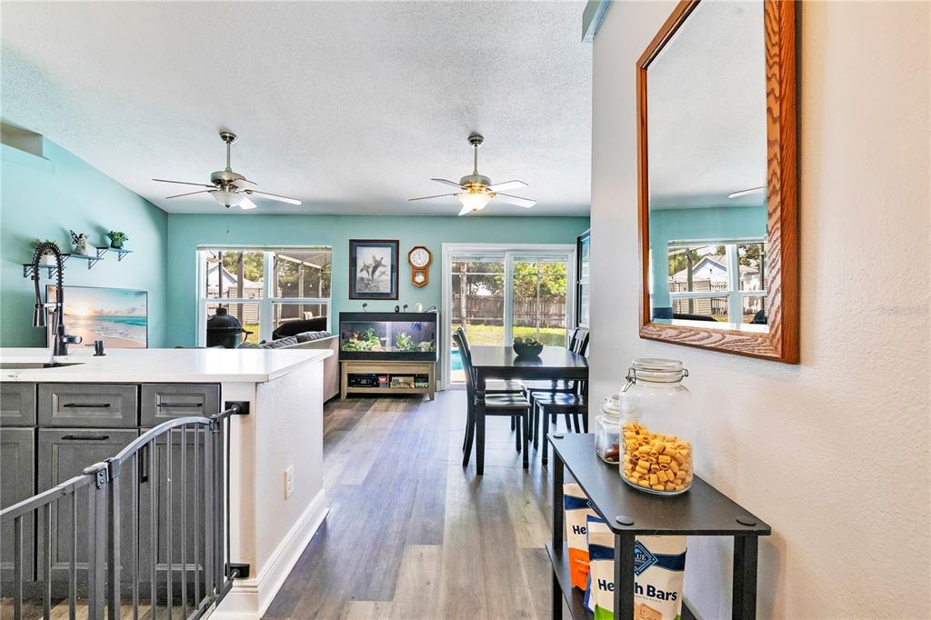 A kitchen and dining area with light blue walls, wood-look flooring, and a glass sliding door — 10652 CRESCENDO LOOP, CLERMONT, FL