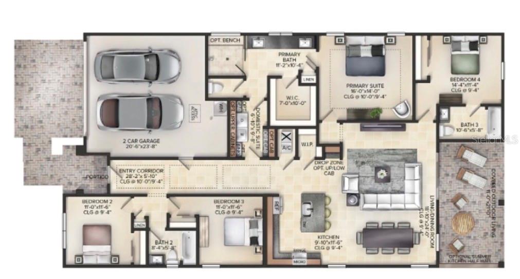 This floor plan shows a four-bedroom, three-bathroom home with a two-car garage and patio — 4885 RAIN SHADOW DRIVE, ST CLOUD, FL