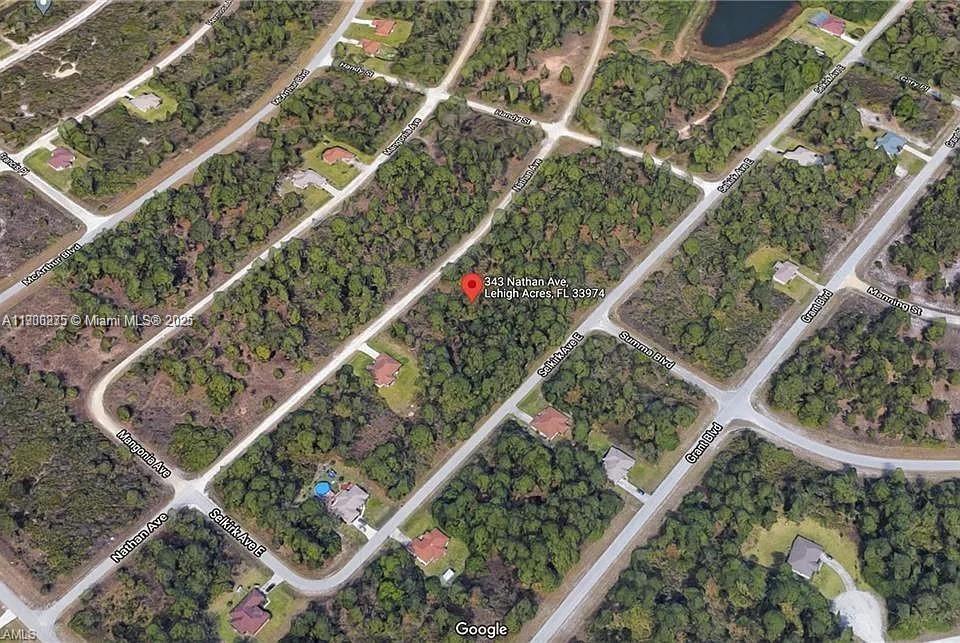 This is an aerial map view of a wooded residential area with scattered houses — 343 Nathan Ave, Lehigh Acres FL 33974, LEHIGH ACRES, FL