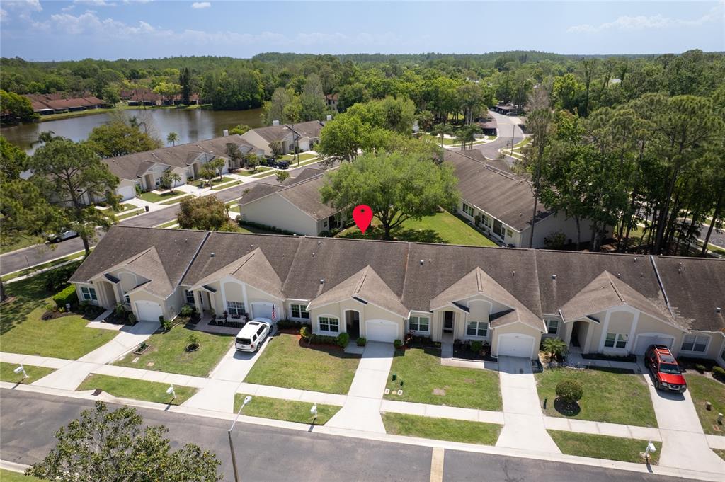 An aerial view shows a row of attached townhomes with driveways and a large tree — 3511 TEALWOOD CIRCLE, PALM HARBOR, FL