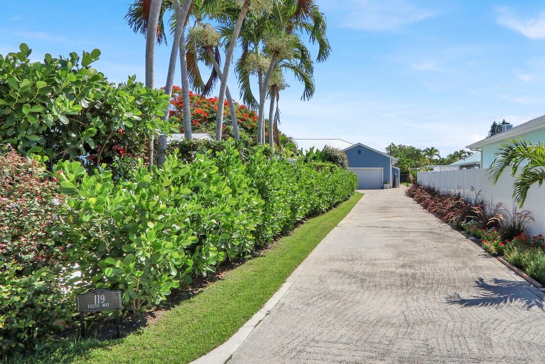 A long concrete driveway leads to a blue garage, bordered by a tall green hedge — 119 Faith Way, Jupiter FL 33458, JUPITER, FL