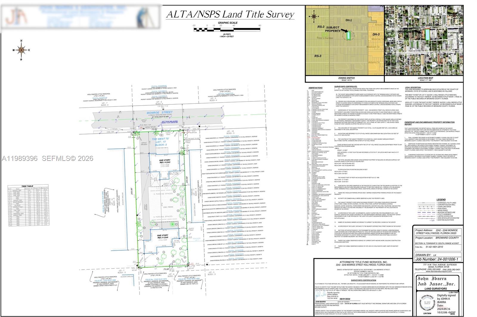 This is an ALTA/NSPS land title survey map showing property boundaries, building footprints, and site features — 2242 Monroe St, Hollywood FL 33020, HOLLYWOOD, FL