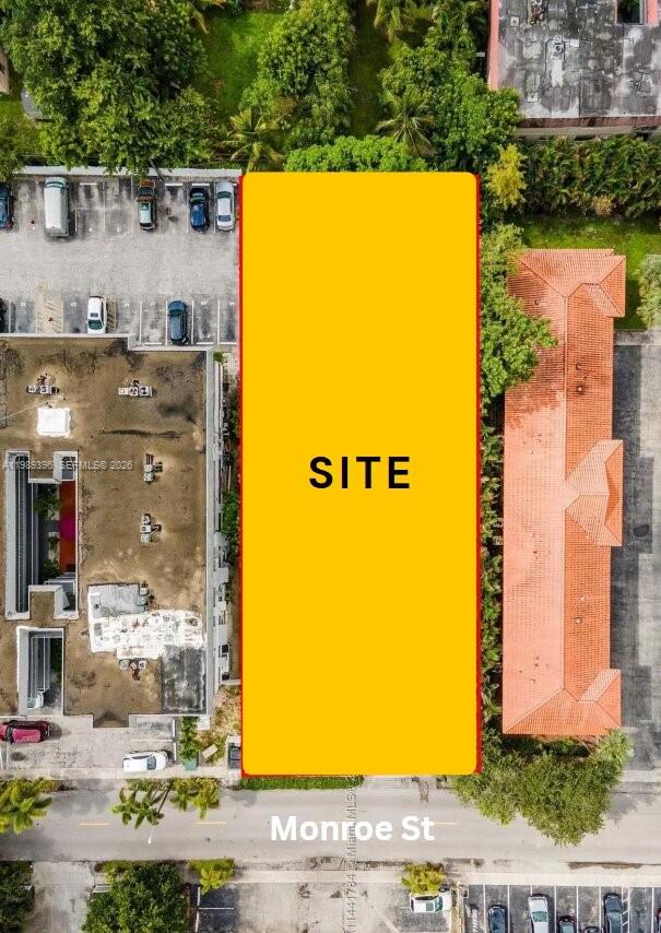 An aerial view shows a rectangular vacant lot highlighted in yellow between two existing buildings — 2242 Monroe St, Hollywood FL 33020, HOLLYWOOD, FL
