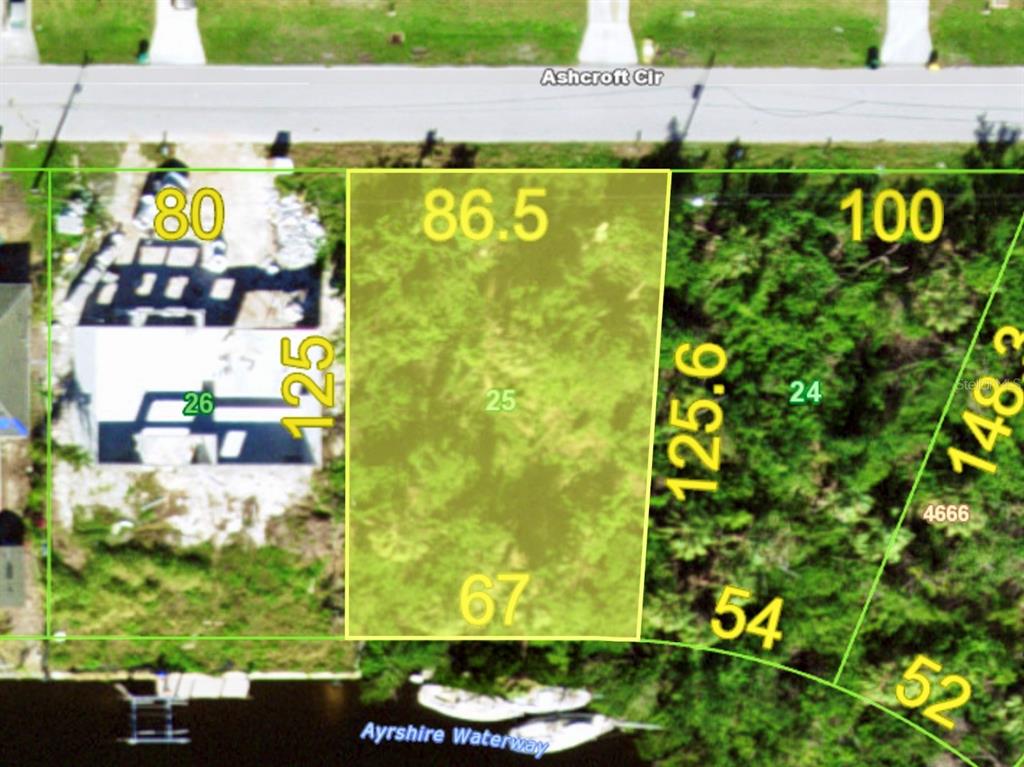 This is an aerial map showing the dimensions and location of a waterfront residential lot — 18858 ASHCROFT CIRCLE, PORT CHARLOTTE, FL