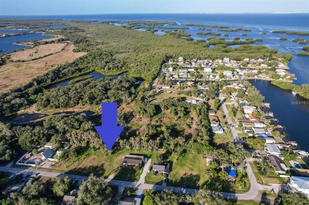 An aerial view shows a vacant lot marked by a blue arrow near waterfront homes — 1115 CANAL STREET, RUSKIN, FL