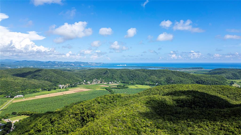 An aerial view shows a lush green valley with farmland leading toward the distant ocean — Calle 335 BARINAS, YAUCO, PR