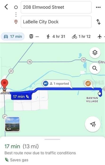 This is a digital map showing a 17-minute driving route between two locations — 208 ELMWOOD STREET, LABELLE, FL