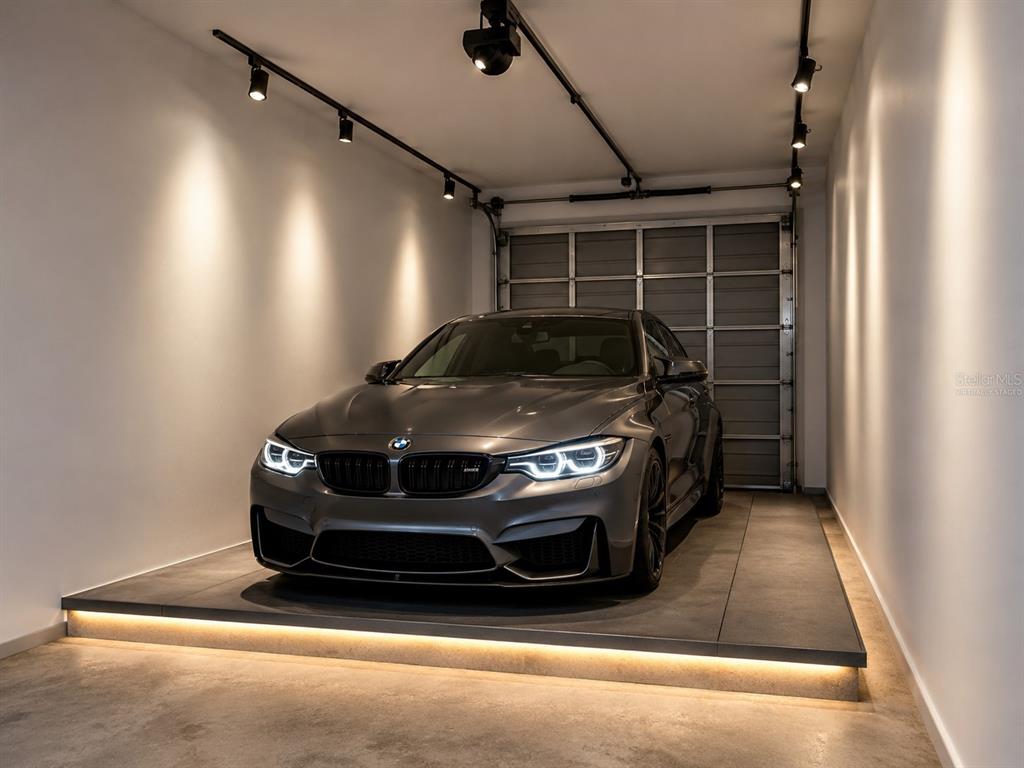 A gray BMW parked on a raised, illuminated platform inside a modern garage — 408 HOWARD AVENUE UNIT B, LAKELAND, FL