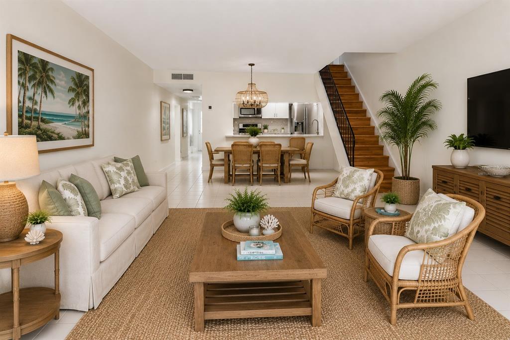 A living room with a sofa, two rattan chairs, and a dining area with stairs — 408 HOWARD AVENUE UNIT B, LAKELAND, FL