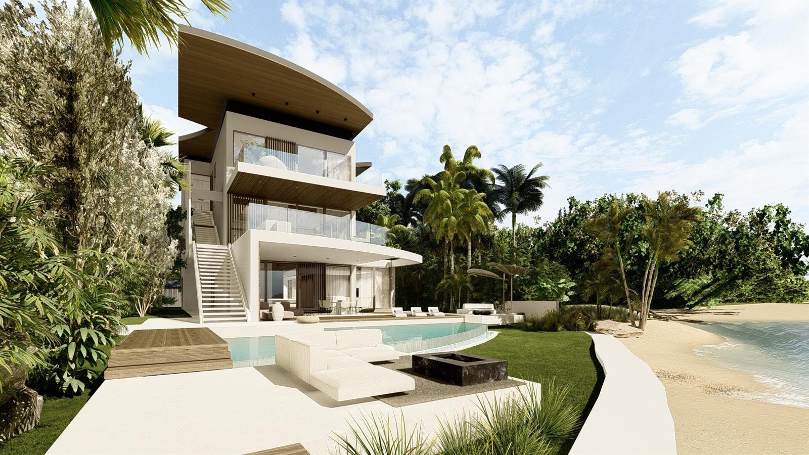 A rendering of a modern three-story beachfront villa with a pool and outdoor seating area — 3050 S Ocean Boulevard, Manalapan FL 33462, MANALAPAN, FL