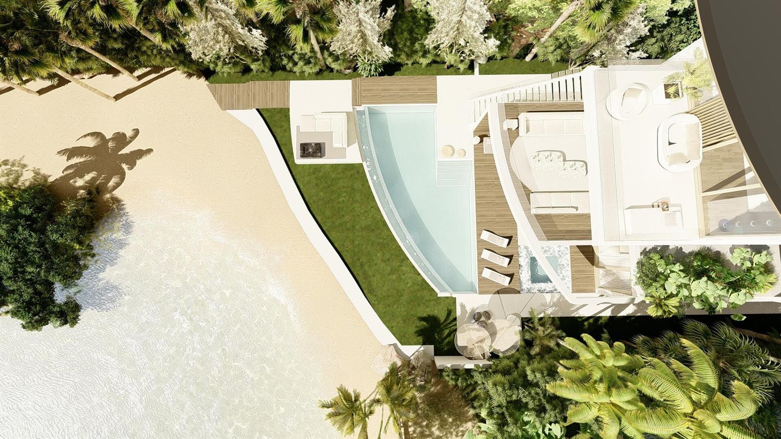 This architectural rendering shows a luxury beach villa with a private pool and outdoor deck — 3050 S Ocean Boulevard, Manalapan FL 33462, MANALAPAN, FL