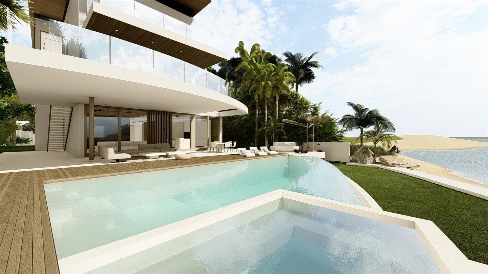 This architectural rendering shows a modern multi-story villa with an infinity pool and beach access — 3050 S Ocean Boulevard, Manalapan FL 33462, MANALAPAN, FL