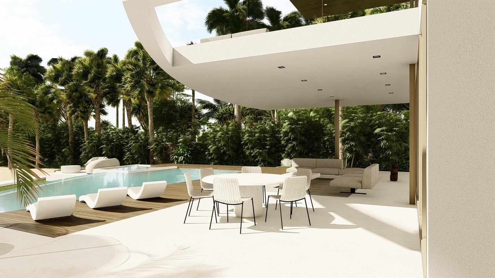 This architectural rendering shows a modern patio with a dining set, lounge furniture, and pool — 3050 S Ocean Boulevard, Manalapan FL 33462, MANALAPAN, FL