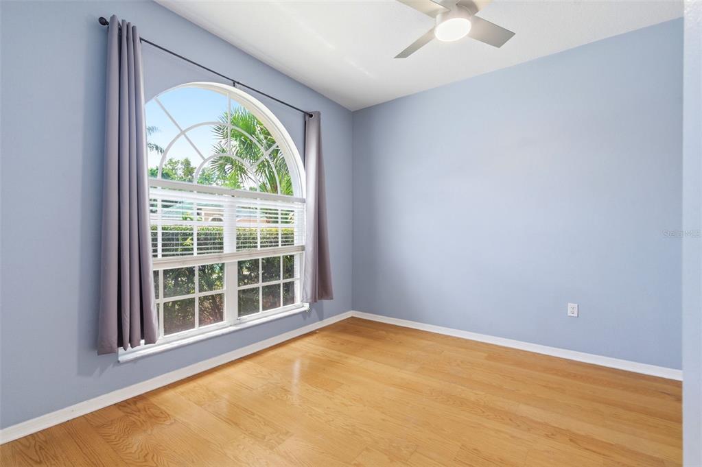 An empty room with light blue walls, hardwood floors, a ceiling fan, and arched windows — 1623 CROSSVINE COURT, TRINITY, FL