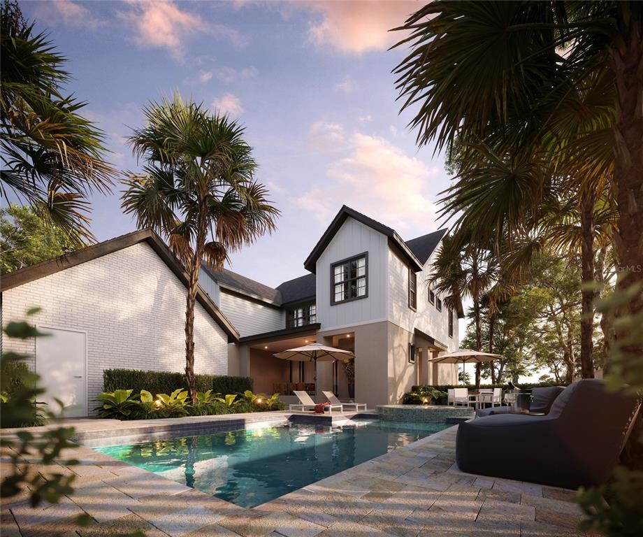 This architectural rendering shows a modern house exterior with a swimming pool and palm trees — 1146 PRADO LANE, OAKLAND, FL