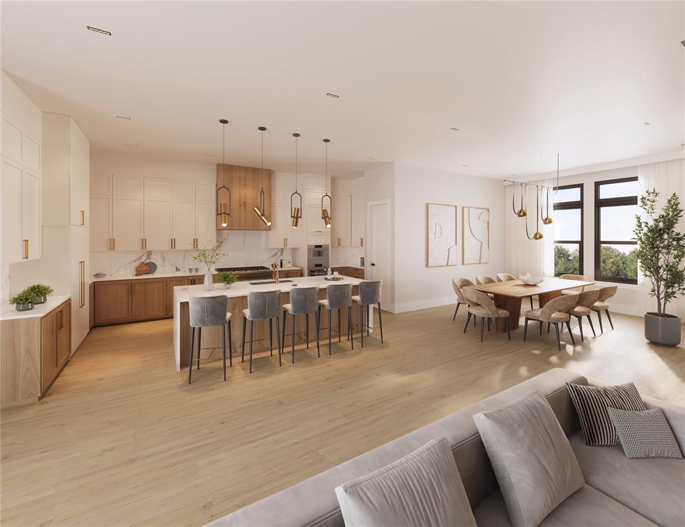 This is a rendering of an open-concept kitchen, dining area, and living room with wood floors — 1146 PRADO LANE, OAKLAND, FL