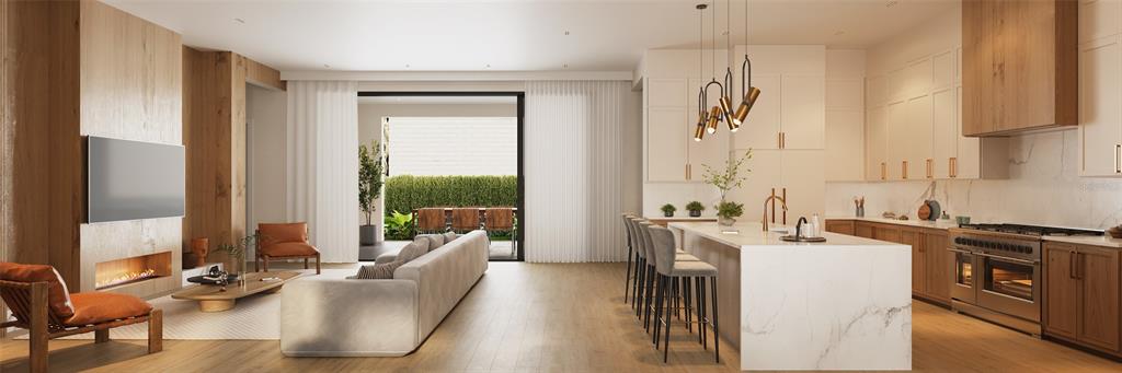 This rendering shows an open-concept living room and kitchen with wood cabinetry and marble countertops — 1146 PRADO LANE, OAKLAND, FL