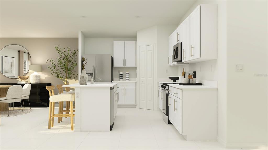 This is a rendering of a modern kitchen featuring white cabinetry, stainless steel appliances, and an island — 12339 STIRRUP DRIVE, DADE CITY, FL