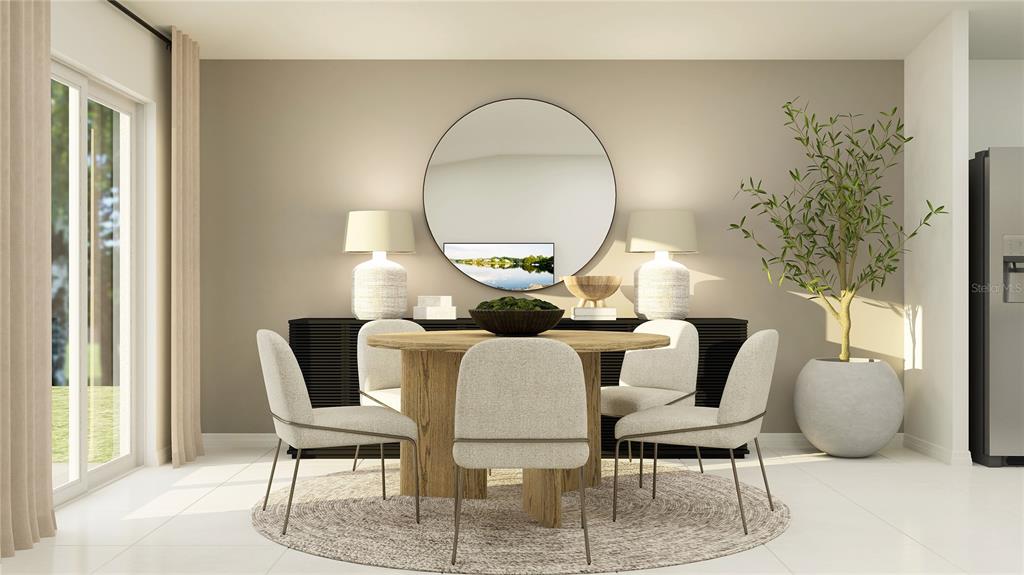 This rendering shows a dining room with a round wooden table, chairs, and a mirror — 12339 STIRRUP DRIVE, DADE CITY, FL