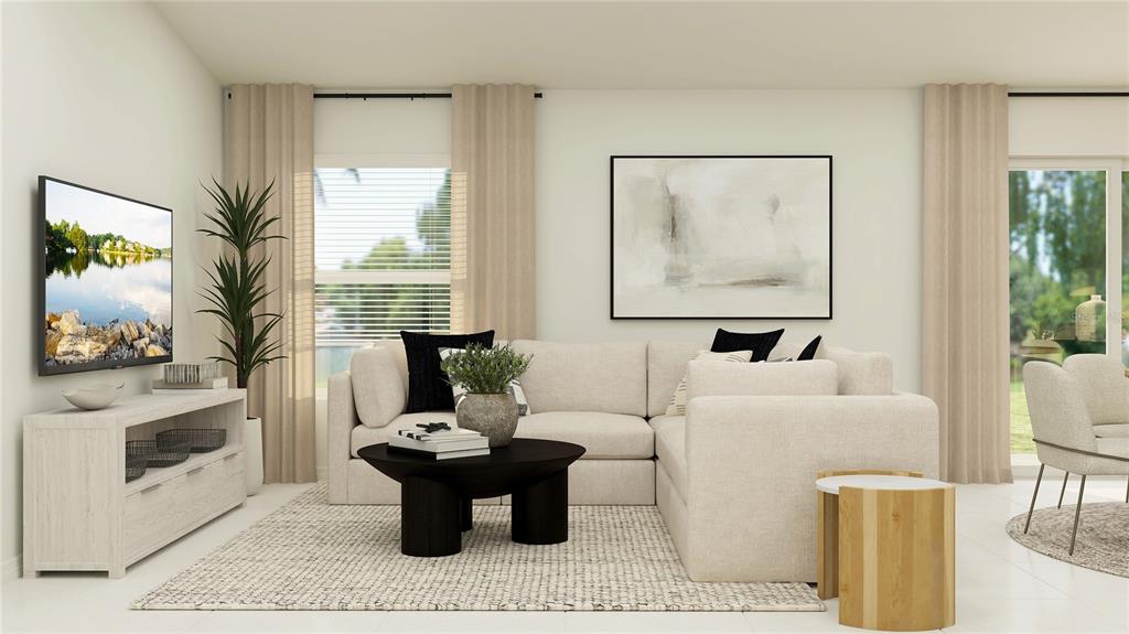 This is a digital rendering of a living room featuring a sectional sofa and television — 12339 STIRRUP DRIVE, DADE CITY, FL