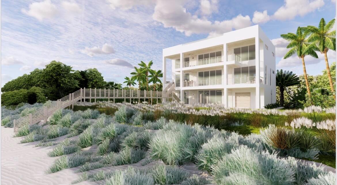This architectural rendering shows a modern three-story white house with balconies overlooking a sandy dune — 7703 S Hwy A1a, Melbourne Beach FL 32951, MELBOURNE BEACH, FL