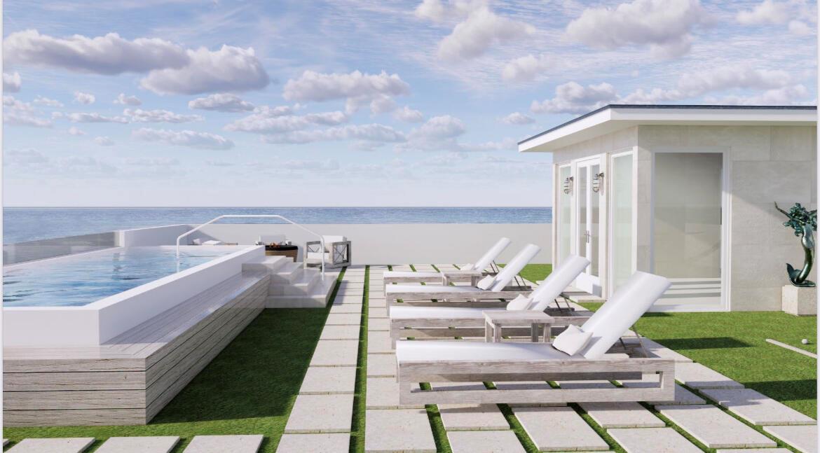 This rendering shows a rooftop terrace with a swimming pool, lounge chairs, and a small building — 7703 S Hwy A1a, Melbourne Beach FL 32951, MELBOURNE BEACH, FL