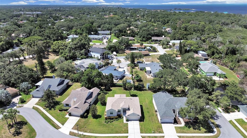 An aerial view shows several suburban houses with lawns and trees near a body of water — 1025 LAKE AVOCA PLACE, TARPON SPRINGS, FL