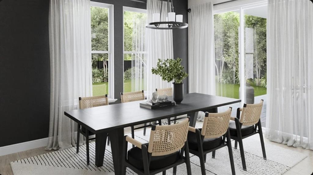 This rendering shows a dining room with a dark table, woven chairs, and sheer curtains — 7895 INTERSTELLAR AVENUE, SARASOTA, FL