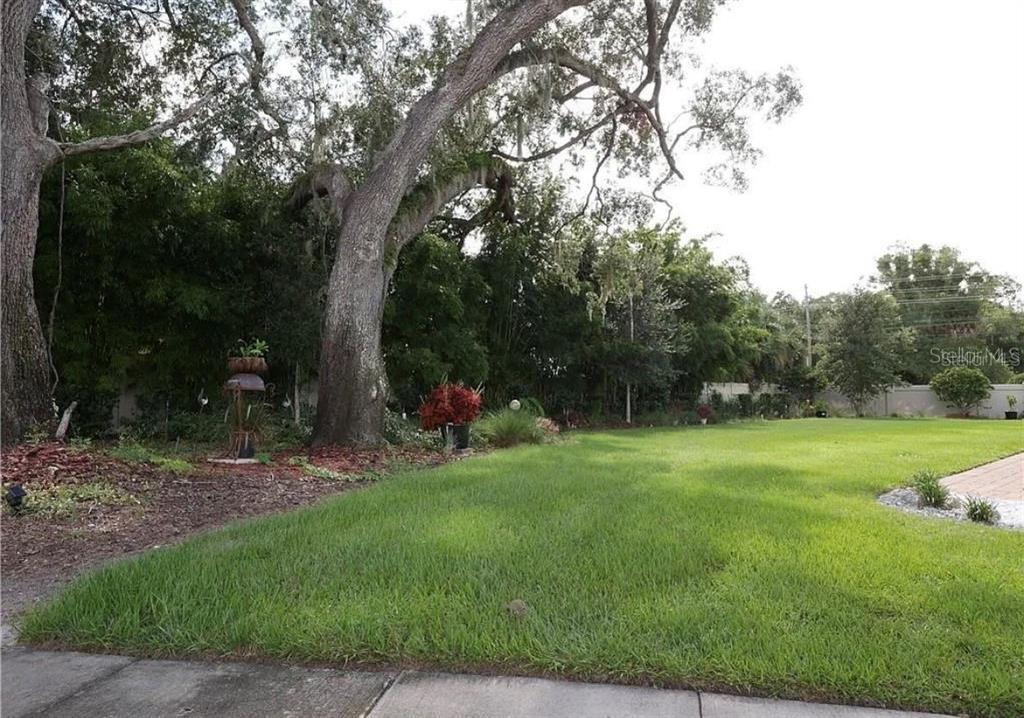 A large, mature oak tree stands in a grassy backyard next to a garden bed — 3778 BRIGHTON PARK CIRCLE, ORLANDO, FL
