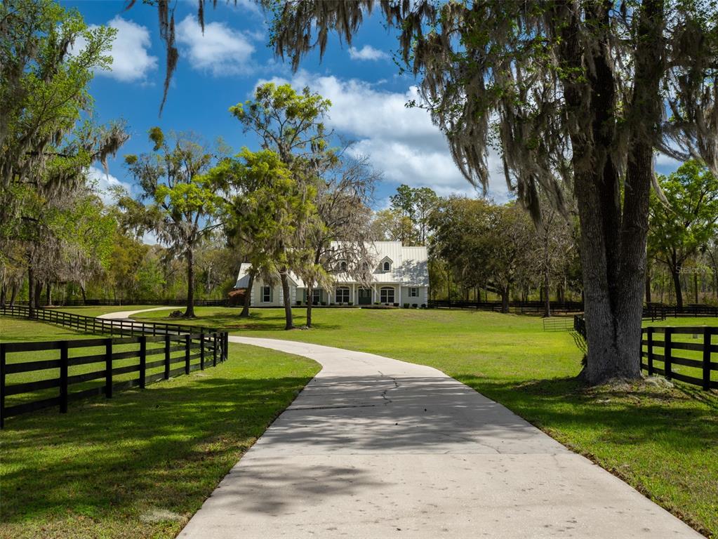 A long concrete driveway leads to a white two-story house surrounded by trees and fencing — 8535 NW 136TH AVENUE ROAD, OCALA, FL
