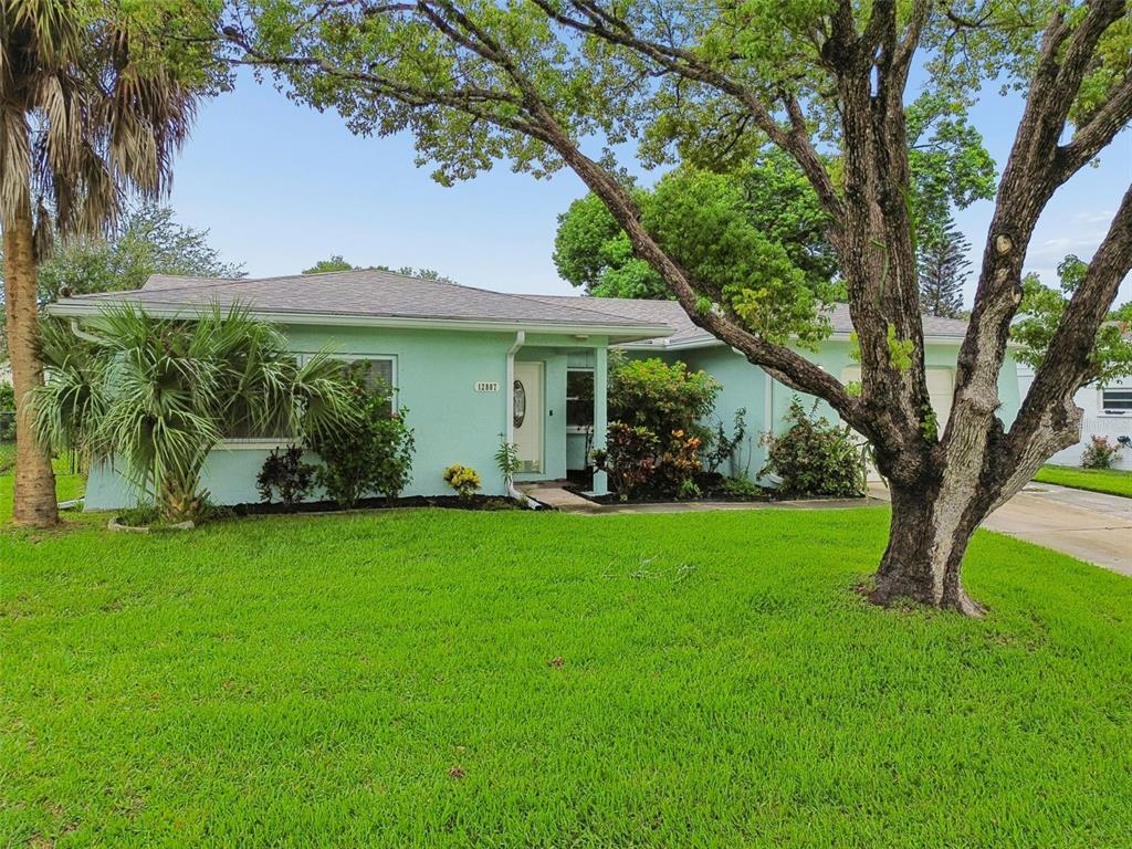 A light green single-story house with a large front lawn and a mature tree — 12807 WILLOWDALE WAY, HUDSON, FL