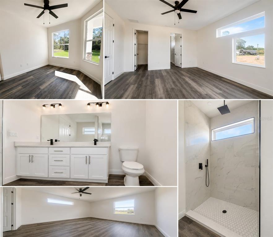 A collage shows a bedroom, a bathroom with a double vanity, and a tiled shower — 9483 SW 121ST TERRACE, DUNNELLON, FL
