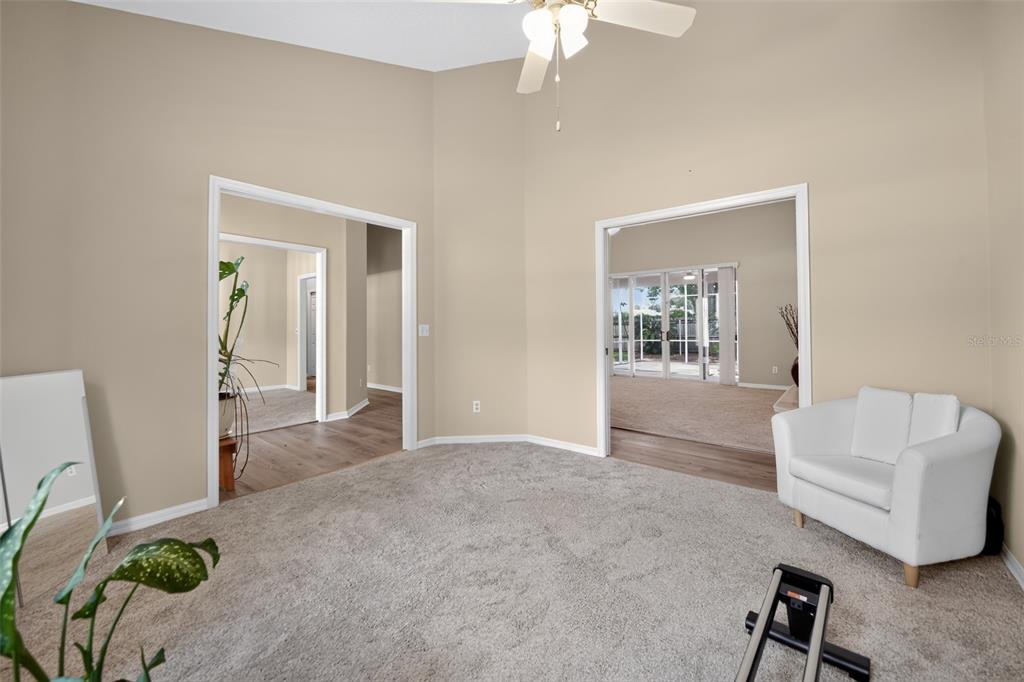 A carpeted room with high ceilings, a ceiling fan, and two doorways leading to other spaces — 804 ROSEMIST COURT, OCOEE, FL