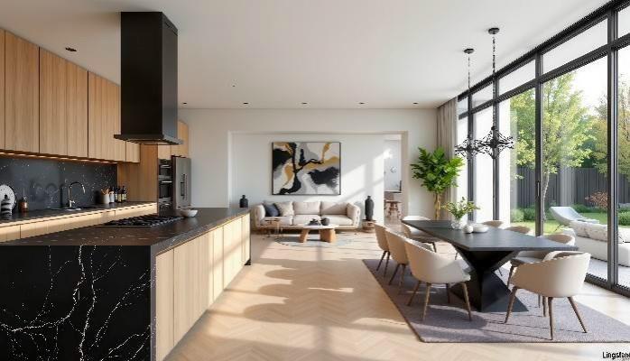 This rendering shows a modern open-concept kitchen and dining area with light wood cabinetry — 8753 Costado Street, Sebring FL 33872, SEBRING, FL