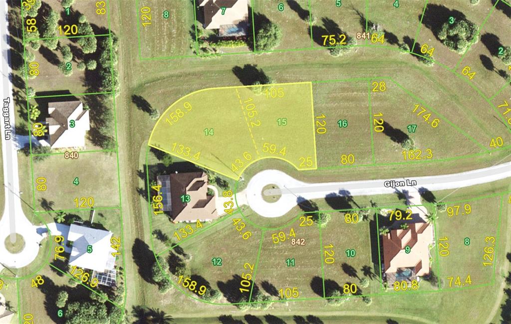 This is a satellite map showing residential property lot lines and parcel numbers — 24370 GIJON LANE, PUNTA GORDA, FL