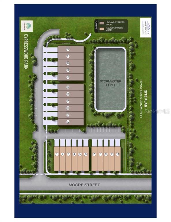 This site plan rendering shows the layout of the Cypresswood Park townhome community — MOORE STREET, ST CLOUD, FL