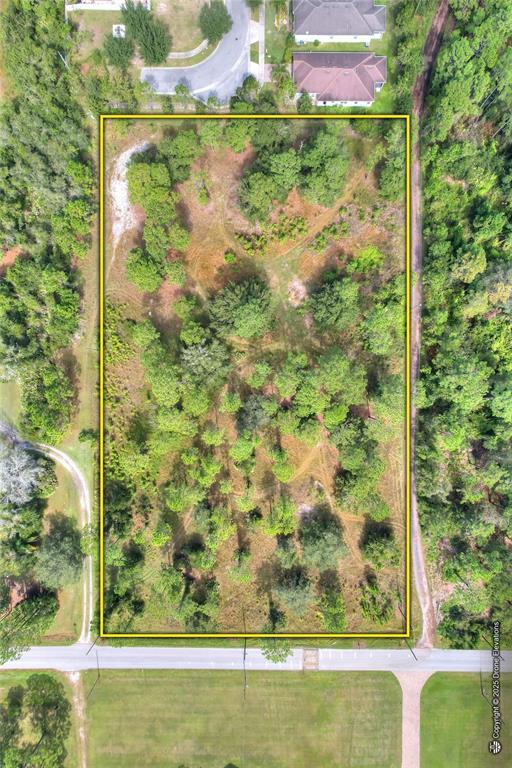 An aerial view shows a rectangular, tree-covered vacant lot outlined in yellow along a road — MOORE STREET, ST CLOUD, FL