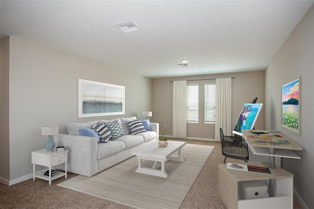 This is a digital rendering of a living room featuring a sofa, coffee table, and easel — 36690 THORNHEDGE DRIVE, ZEPHYRHILLS, FL