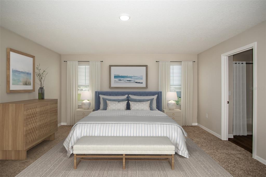 This is a digital rendering of a bedroom featuring a king bed, dresser, and bench — 36690 THORNHEDGE DRIVE, ZEPHYRHILLS, FL