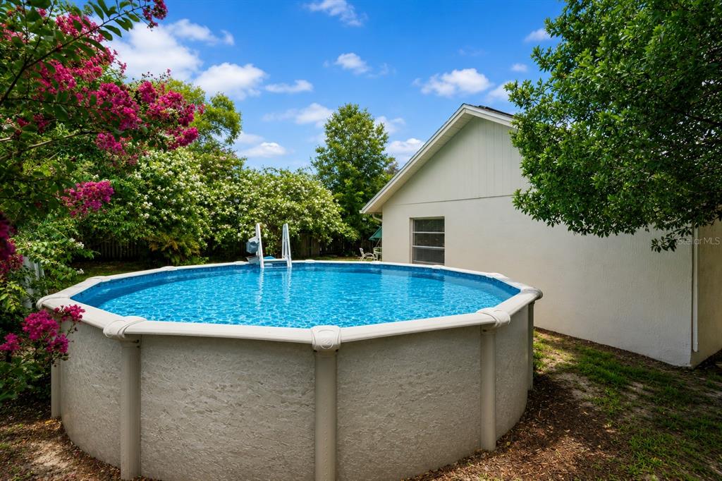 An above-ground swimming pool sits in a backyard next to a house with white siding — 14058 SULLIVAN STREET, SPRING HILL, FL