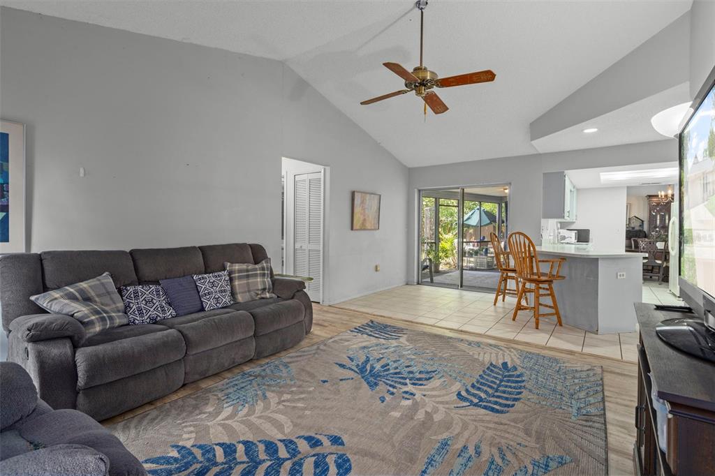 A living room with a gray sofa, area rug, ceiling fan, and adjacent kitchen area — 14058 SULLIVAN STREET, SPRING HILL, FL