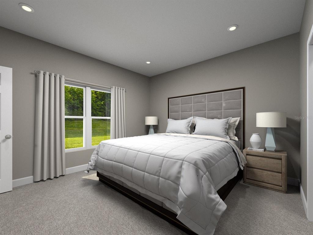 This rendering shows a bedroom with a gray tufted headboard, white bedding, and gray walls — 642 PENNYWORT STREET, LAKE ALFRED, FL