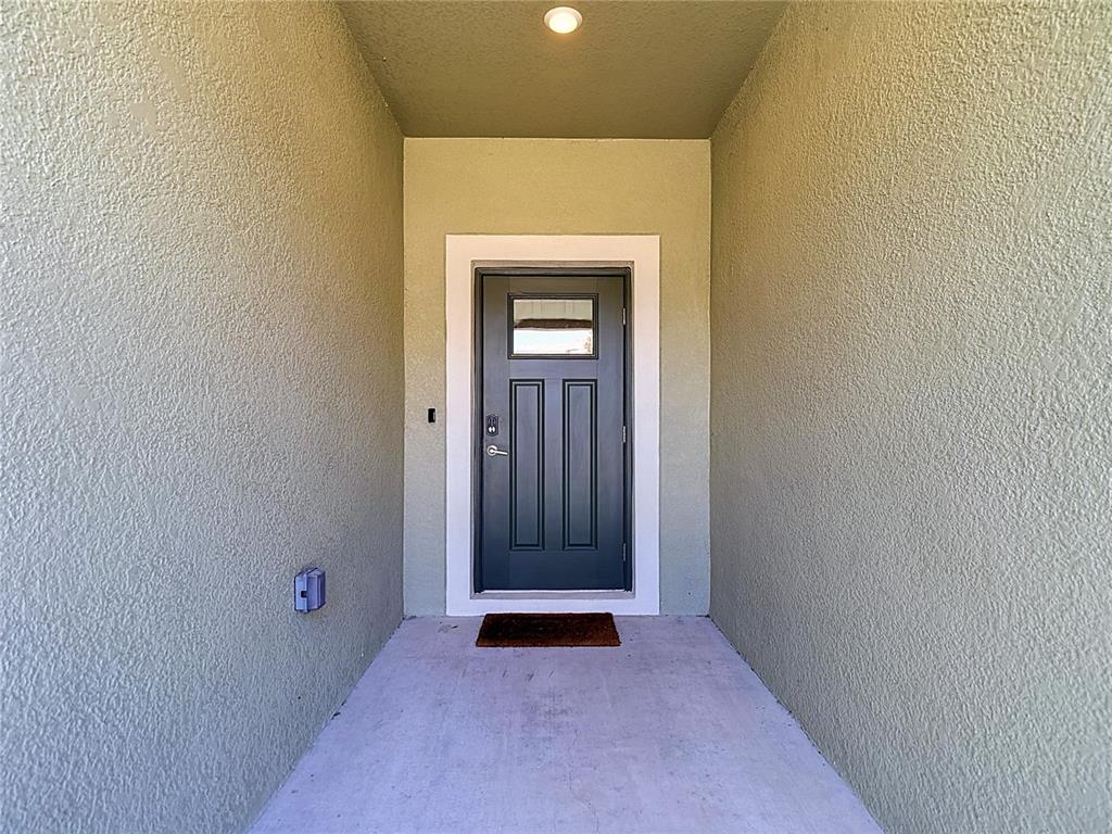A dark gray front door with a glass panel is centered in a covered entryway — 32067 SPICEBERRY STREET, SAN ANTONIO, FL